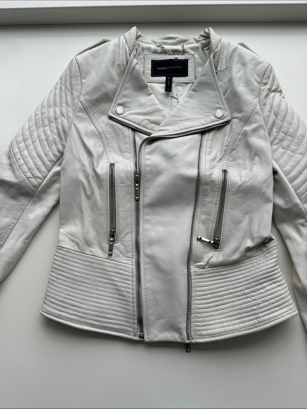 BCBGMaxAzria White Quilted Panel Leather Moto Jacket